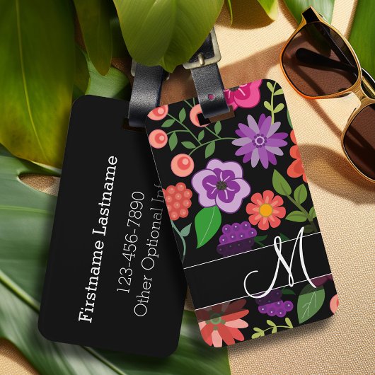 Trendy Floral Pattern Hot Pink and Black Monogram Bagagelabel