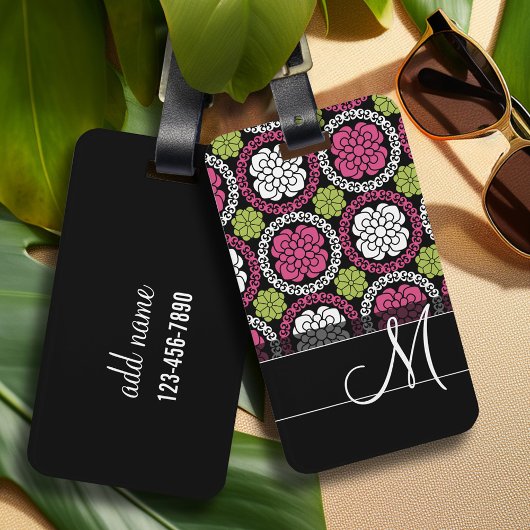 Trendy Floral Pattern Hot Pink and Black Monogram Bagagelabel
