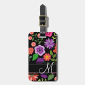 Trendy Floral Pattern Hot Pink and Black Monogram Bagagelabel (Voorkant verticaal)