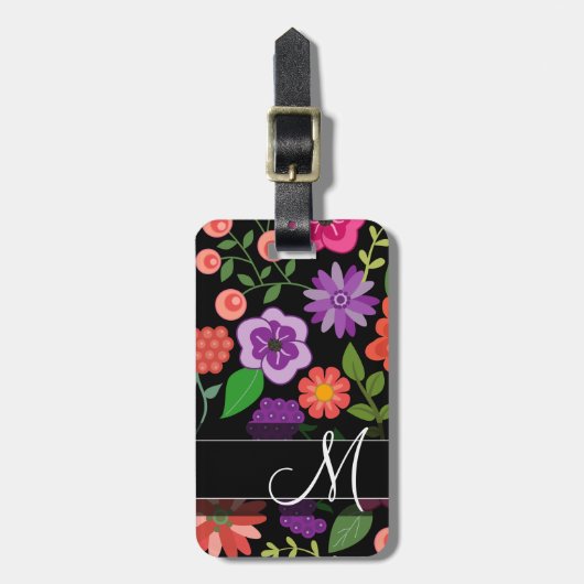 Trendy Floral Pattern Hot Pink and Black Monogram Bagagelabel (Voorkant verticaal)