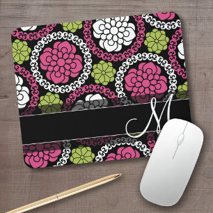 Trendy Floral Pattern Hot Pink and Black Monogram Muismat