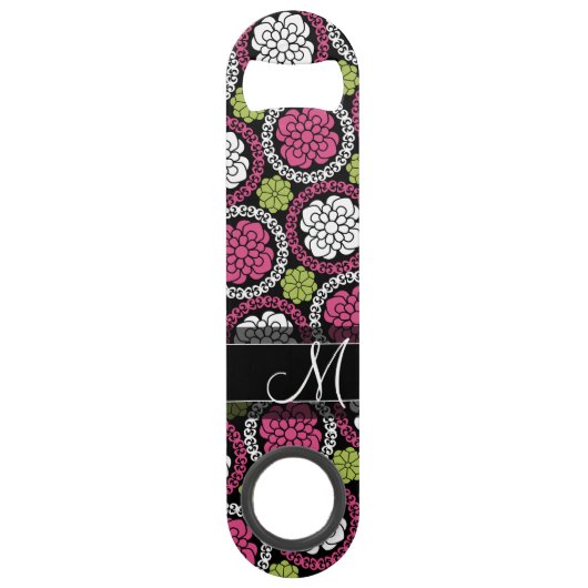 Trendy Floral Pattern Hot Pink and Black Monogram Speed Flessenopener (Voorkant)