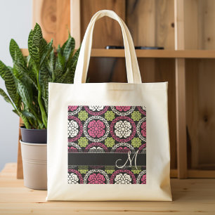 Trendy Floral Pattern Hot Pink and Black Monogram Tote Bag