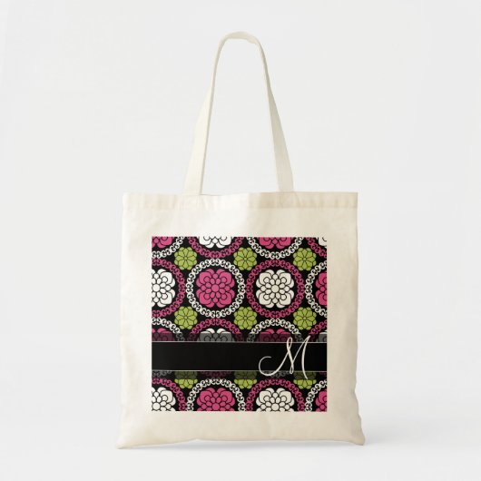 Trendy Floral Pattern Hot Pink and Black Monogram Tote Bag (Voorkant)