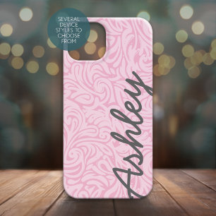 Trendy Floral Pattern met naam - roze en grijs iPhone 15 Case