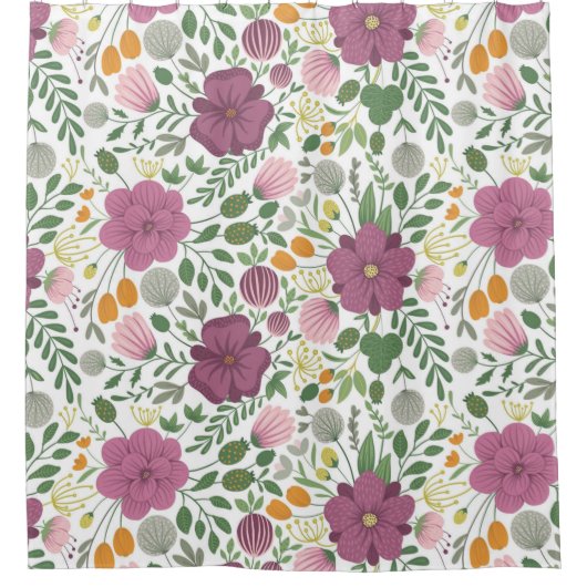 Trendy Floral Pattern Pink Yellow Paars Greenery Douchegordijn (Voorkant)