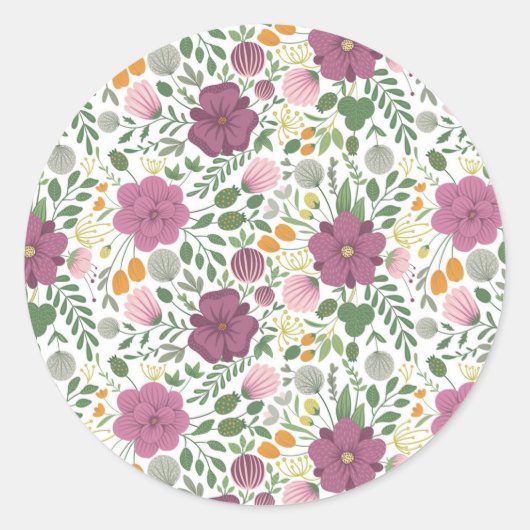 Trendy Floral Pattern Pink Yellow Paars Greenery Ronde Sticker (Voorkant)