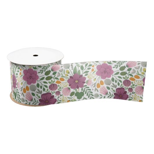 Trendy Floral Pattern Pink Yellow Paars Greenery Satijnen Lint (Spoel)