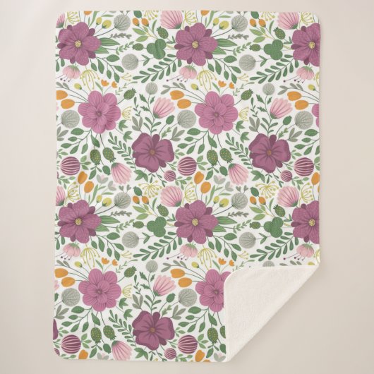 Trendy Floral Pattern Pink Yellow Paars Greenery Sherpa Deken (Voorkant)