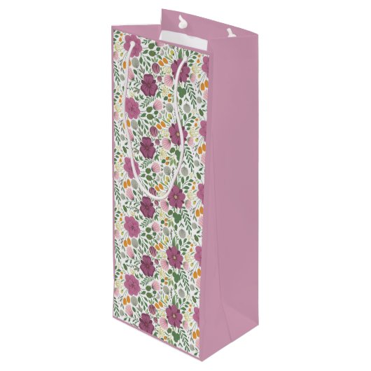 Trendy Floral Pattern Pink Yellow Paars Greenery Wijn Cadeautas (Achterkant Gekanteld)