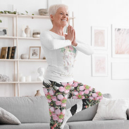 Trendy Floral Pink White Pattern Monogram Leggings