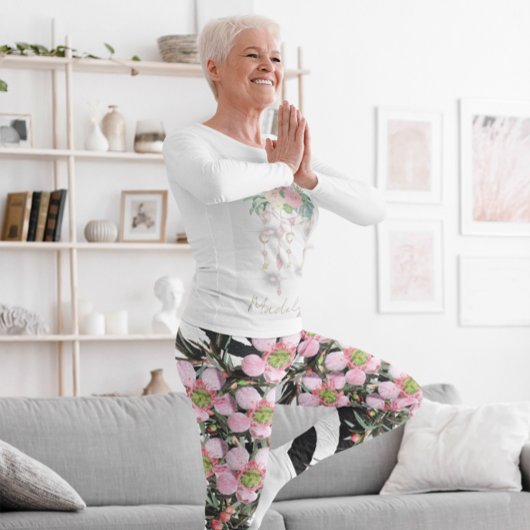 Trendy Floral Pink White Pattern Monogram Leggings