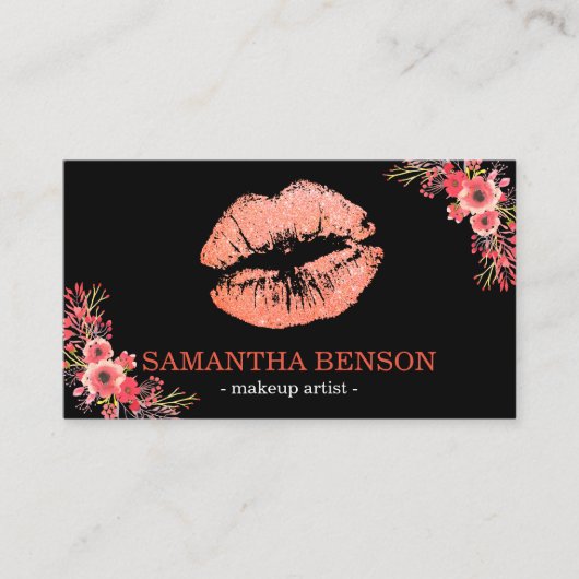 Trendy Floral Roos Gold Lips Makeup Artist Visitekaartje (Voorkant)
