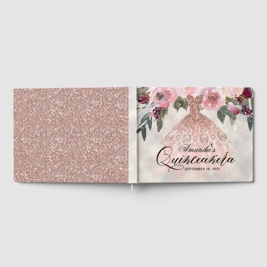 Trendy Floral Roos Gouden Gown Quinceañera Gastenboek (Volledig)