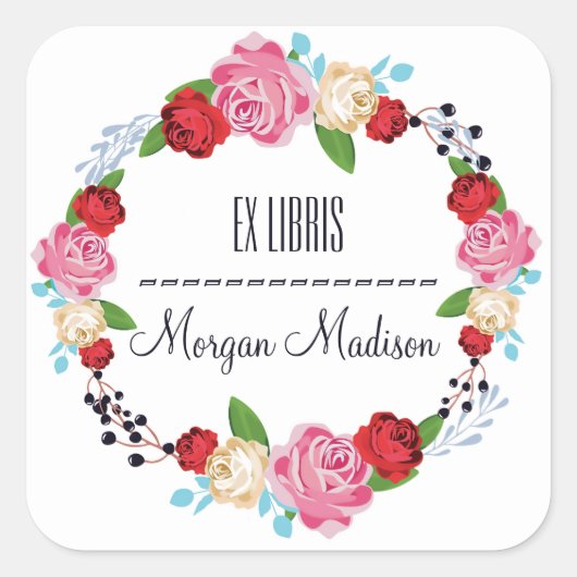 Trendy Floral Rozen Krans Bookplate Vierkante Sticker (Voorkant)