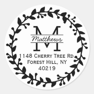 Trendy Floral Wreath Custom Monogram Ronde Sticker