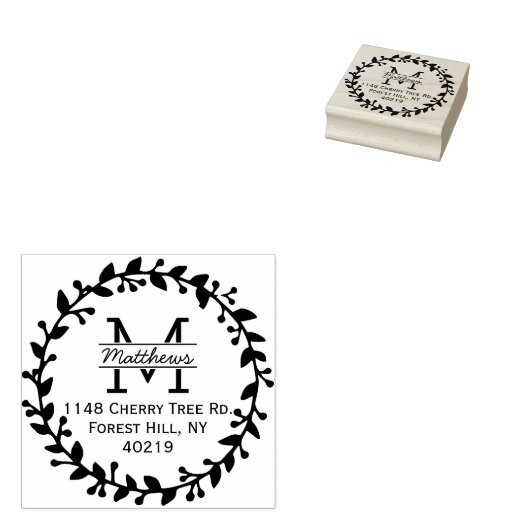 Trendy Floral Wreath Custom Monogram Rubberstempel (Gestempeld)