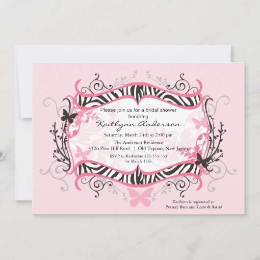 Trendy Floral Zebra Bridal Shower Invitation Kaart (Voorkant)