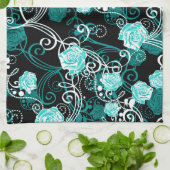 Trendy Floral | Zwarte Turquoise en witte rozen Theedoek (Gevouwen)