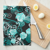 Trendy Floral | Zwarte Turquoise en witte rozen Theedoek (Quarter Fold)