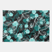 Trendy Floral | Zwarte Turquoise en witte rozen Theedoek (Horizontaal)