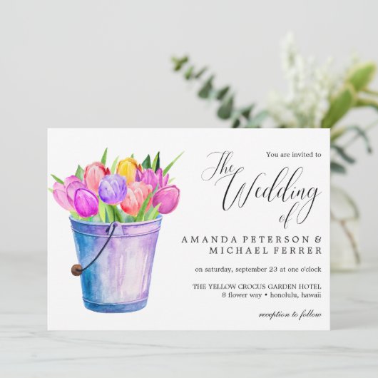 Trendy Flower bucket of tulips bruiloft Kaart (Staand voorkant)