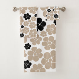 Trendy Flower Pattern in Taupe, Black en White Bad Handdoek