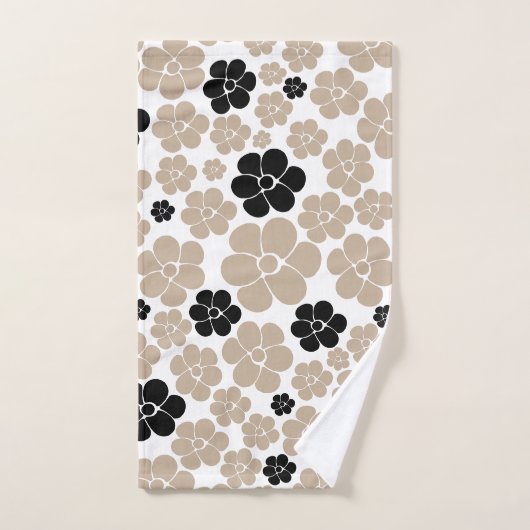 Trendy Flower Pattern in Taupe, Black en White Bad Handdoek (Handdoek)