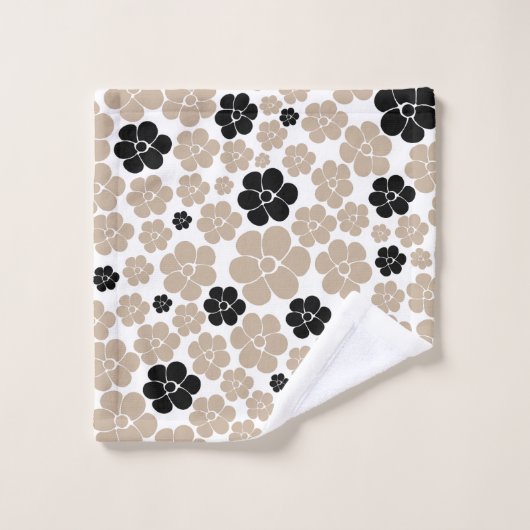 Trendy Flower Pattern in Taupe, Black en White Bad Handdoek (Wasdoekje)