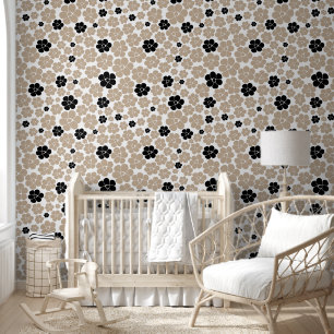 Trendy Flower Pattern in Taupe, Black en White Behang