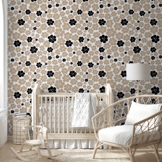 Trendy Flower Pattern in Taupe, Black en White Behang (Kinderen)