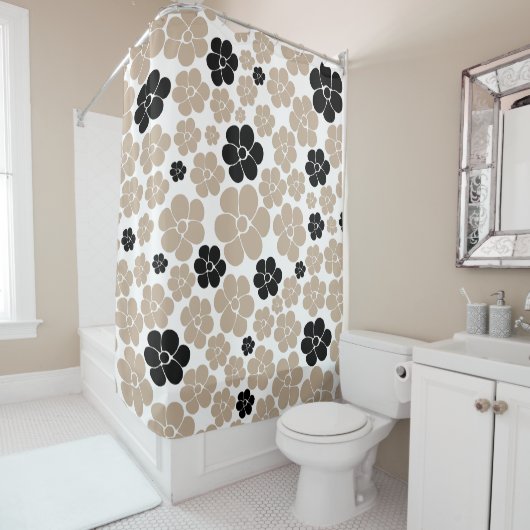 Trendy Flower Pattern in Taupe, Black en White Douchegordijn (In situ)