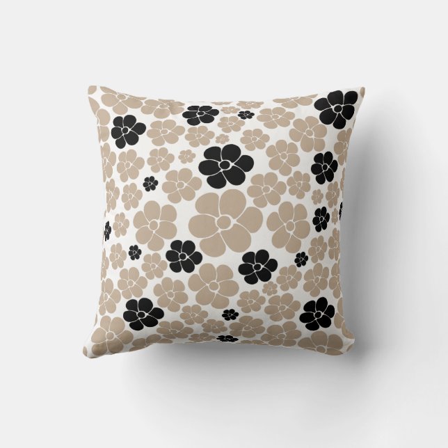 Trendy Flower Pattern in Taupe, Black en White Kussen (Achterkant)