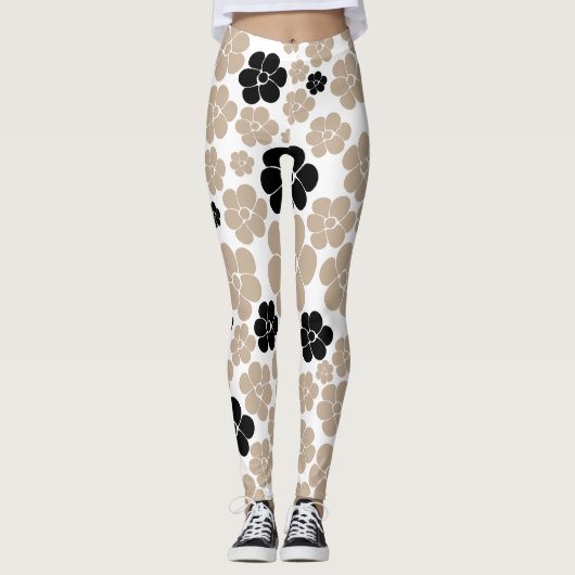 Trendy Flower Pattern in Taupe, Black en White Leggings (Voorkant)
