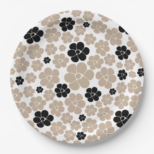 Trendy Flower Pattern in Taupe, Black en White Papieren Bordje (Voorkant)