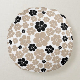 Trendy Flower Pattern in Taupe, Black en White Rond Kussen