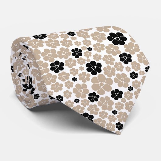 Trendy Flower Pattern in Taupe, Black en White Stropdas (Opgerold)