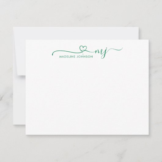 Trendy Forest Green Heart Script Name Monogram Notitiekaartje (Voorkant)
