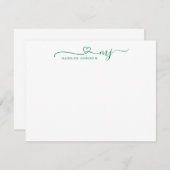 Trendy Forest Green Heart Script Name Monogram Notitiekaartje (Voorkant / Achterkant)