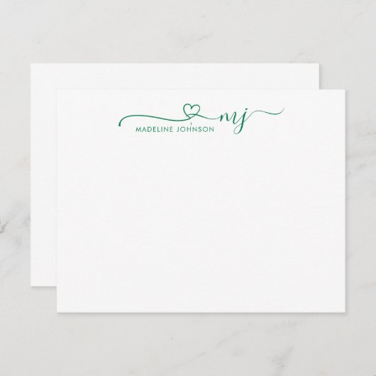 Trendy Forest Green Heart Script Name Monogram Notitiekaartje (Voorkant / Achterkant)