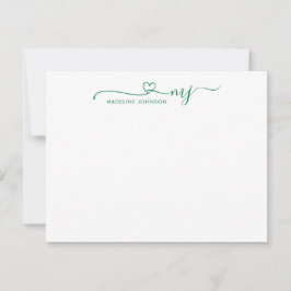 Trendy Forest Green Heart Script Name Monogram Notitiekaartje