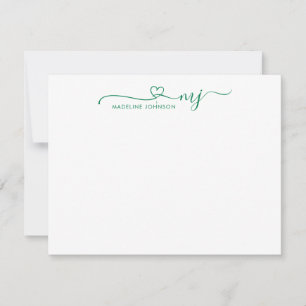 Trendy Forest Green Heart Script Name Monogram Notitiekaartje