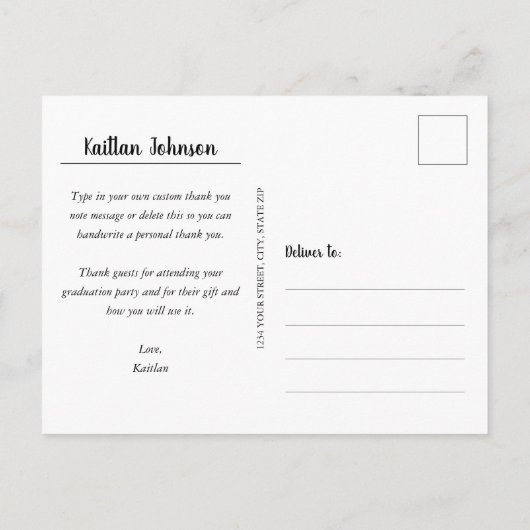 Trendy foto afstudeerder witte script bedankt briefkaart (Achterkant)