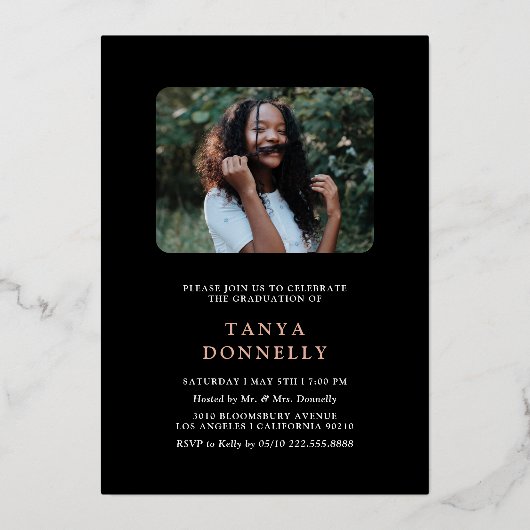 Trendy Foto Afstuderen Party Roos Gold Folie Uitnodiging (Achterkant)