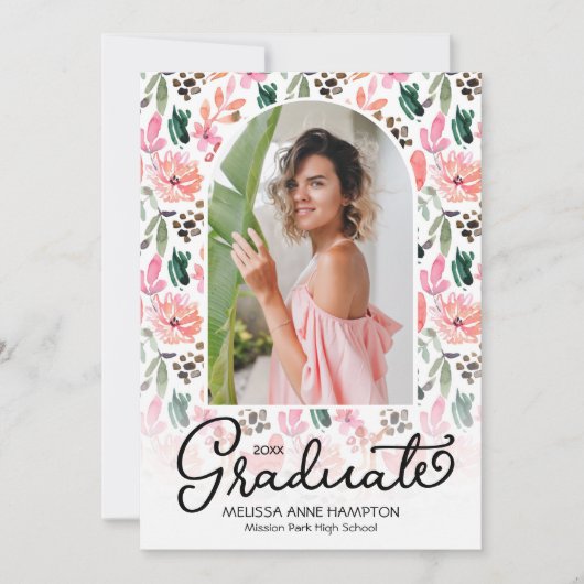 Trendy Foto op Bloemen Afstuderen Party Uitnodigin Kaart (Voorkant)