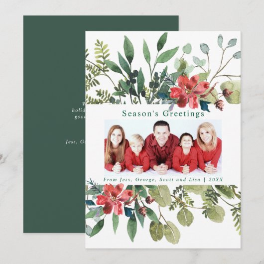 Trendy Foto Wintergroen met rode bloem Feestdagenkaart (Voorkant / Achterkant)