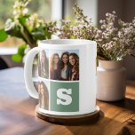 Trendy fotocollage met groen monogram koffiemok<br><div class="desc">Gebruik 3 vierkante foto's om een uniek en persoonlijk cadeau te creëer. Voeg een groot monogram toe en maak een gepersonaliseerde mok. Als u de afbeeldingen wilt aanpassen,  klikt u op het gereedschap Aanpassen om wijzigingen aan te brengen.</div>