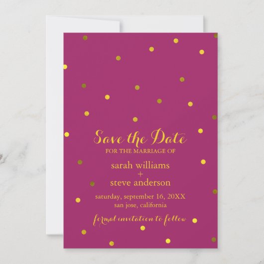 Trendy Fuchsia Faux Gold Foil Stippen Save the Dat Date (Voorkant)