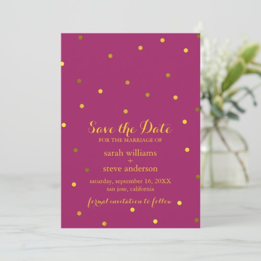 Trendy Fuchsia Faux Gold Foil Stippen Save the Dat Save The Date (Staand voorkant)