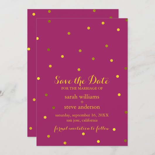 Trendy Fuchsia Faux Gold Foil Stippen Save the Dat Save The Date (Voorkant / Achterkant)
